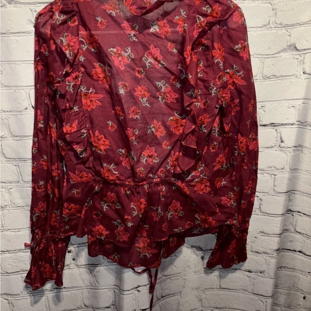 Free People Top Amanda Cotton Ruffled Wrap Sultry Combo Floral Blouse Sz XS NWT - Picture 6 of 8